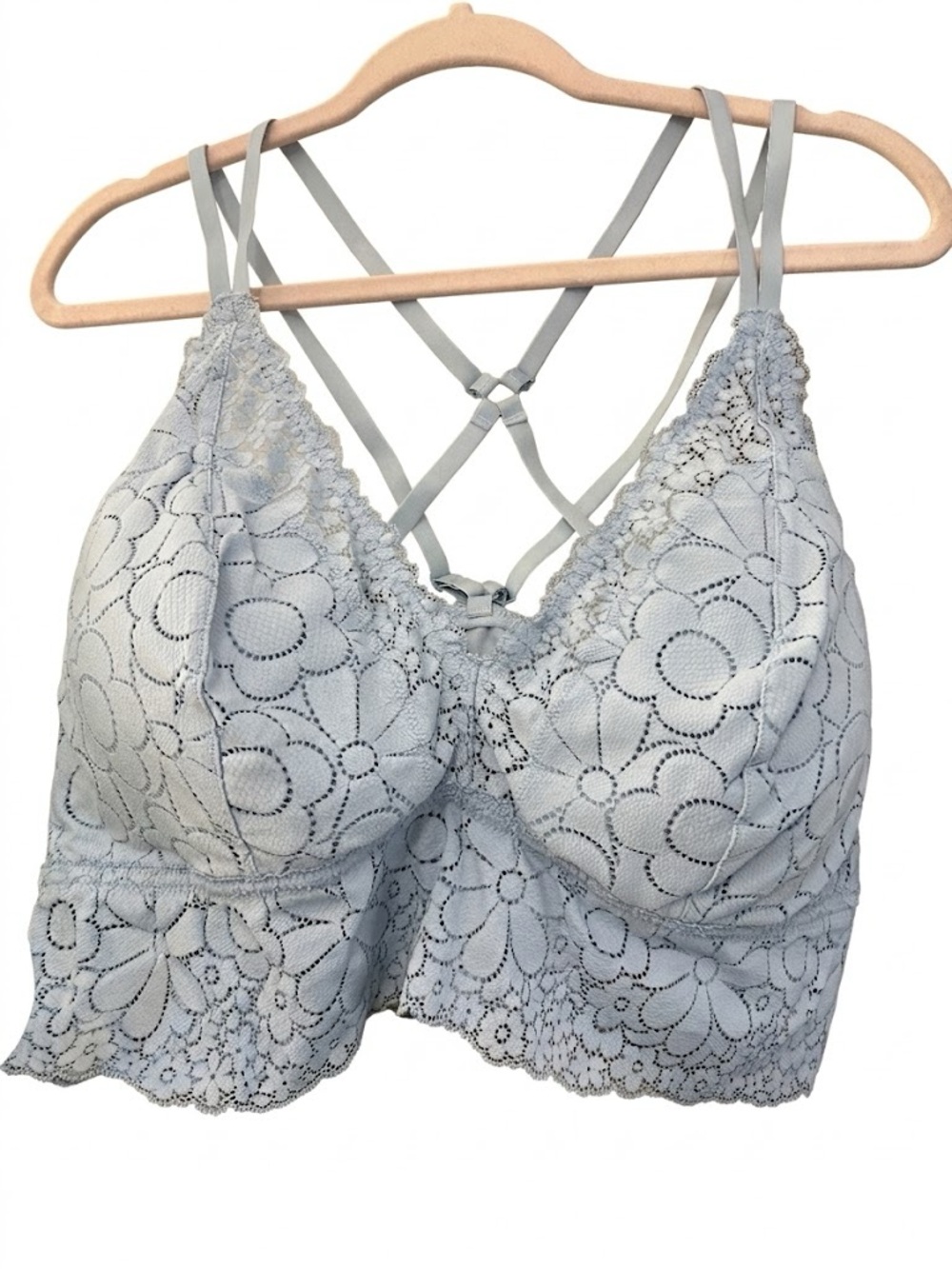 aerie Pale Blue Floral Lace Bralette with Crisscross Straps